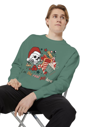 Christmas Skull Sweatshirt — "I'm the Real Gift Here" Holiday Crewneck
