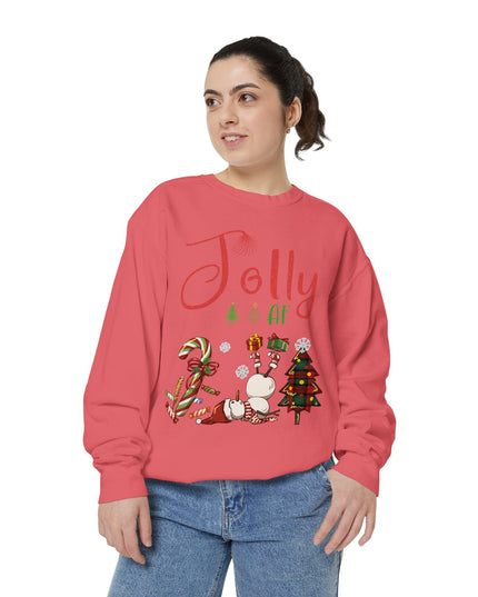 'Jolly AF' Sweatshirt – Chaotic Christmas Tree & Snowman Juggling Candy Canes