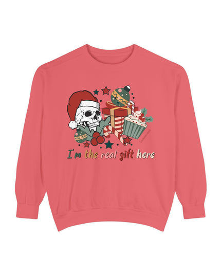 Christmas Skull Sweatshirt — "I'm the Real Gift Here" Holiday Crewneck