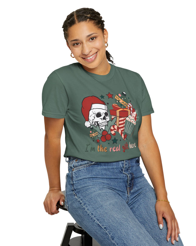 Holiday Skull Tee — "I'm the Real Gift Here" Christmas T-Shirt