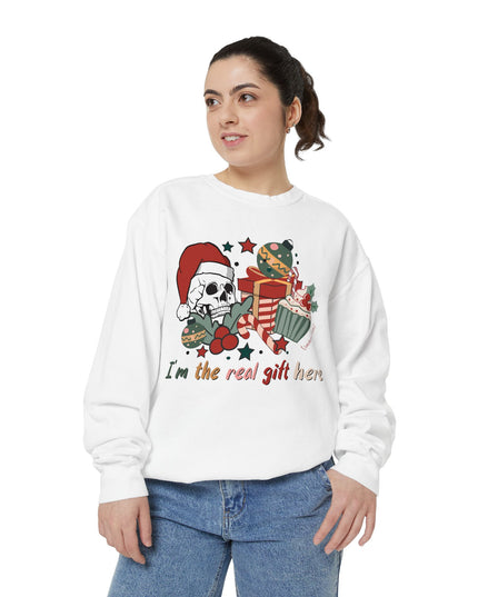 Christmas Skull Sweatshirt — "I'm the Real Gift Here" Holiday Crewneck
