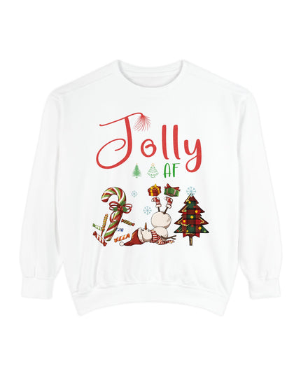 'Jolly AF' Sweatshirt – Chaotic Christmas Tree & Snowman Juggling Candy Canes