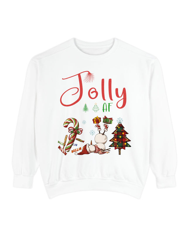 'Jolly AF' Sweatshirt – Chaotic Christmas Tree & Snowman Juggling Candy Canes