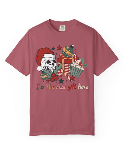 Holiday Skull Tee — "I'm the Real Gift Here" Christmas T-Shirt