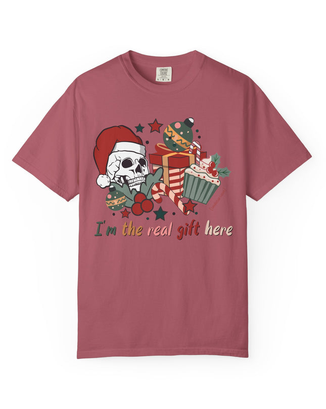 Holiday Skull Tee — "I'm the Real Gift Here" Christmas T-Shirt