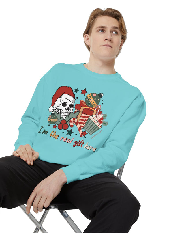 Christmas Skull Sweatshirt — "I'm the Real Gift Here" Holiday Crewneck