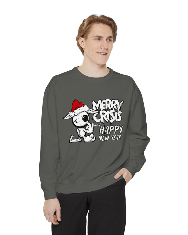Christmas Crisis Graphic Sweat Shirt — 'Merry Crisis Happy New Year' Cute Santa Bear Sweat Shirt