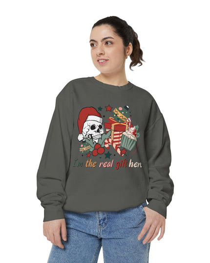 Christmas Skull Sweatshirt — "I'm the Real Gift Here" Holiday Crewneck