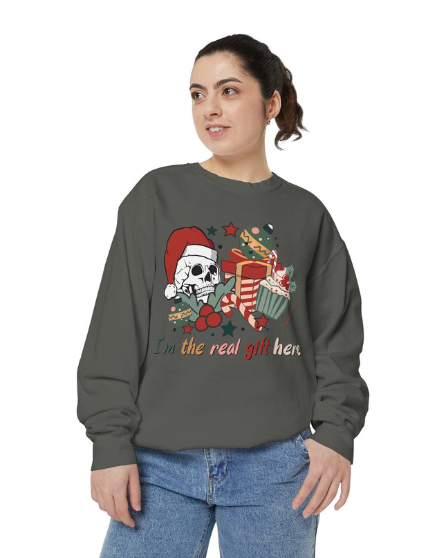 Christmas Skull Sweatshirt — "I'm the Real Gift Here" Holiday Crewneck